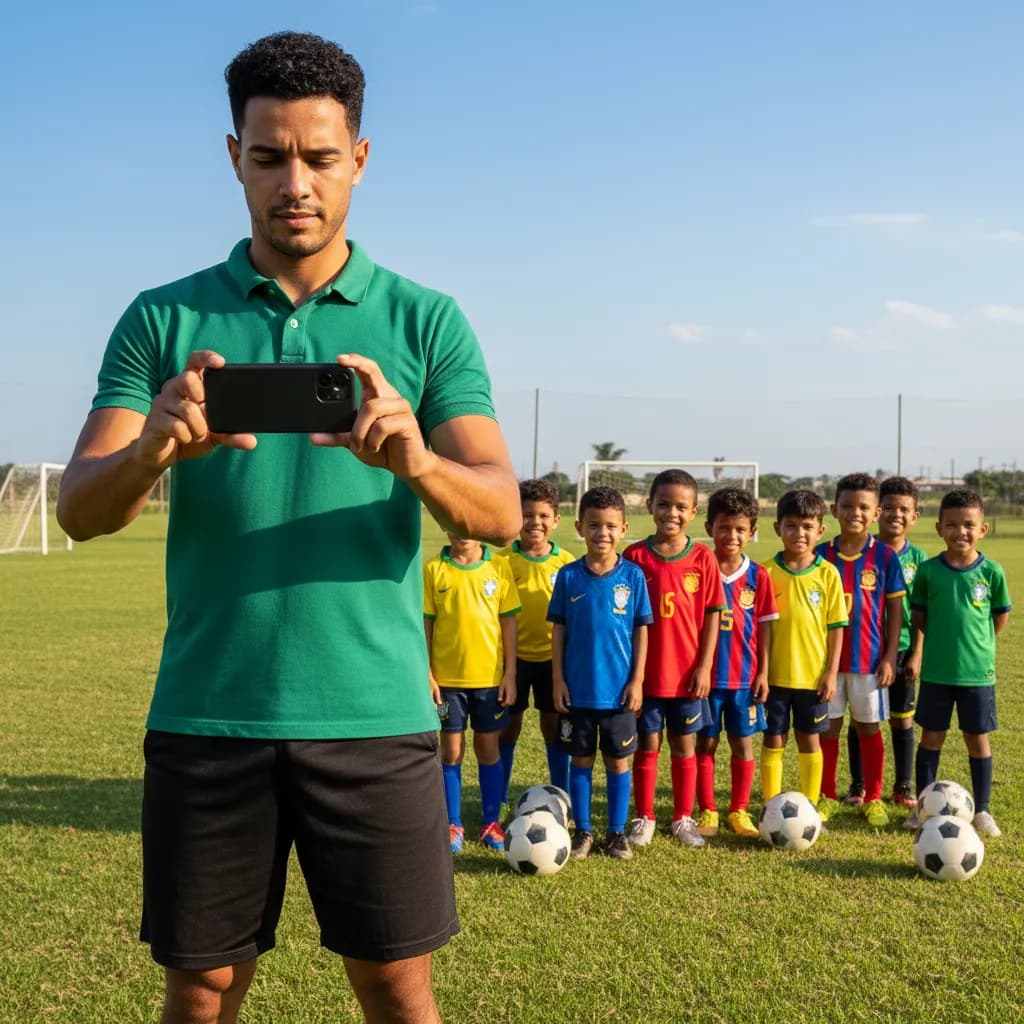 Instrutor fazendo chamada pelo celular no campo de futebol