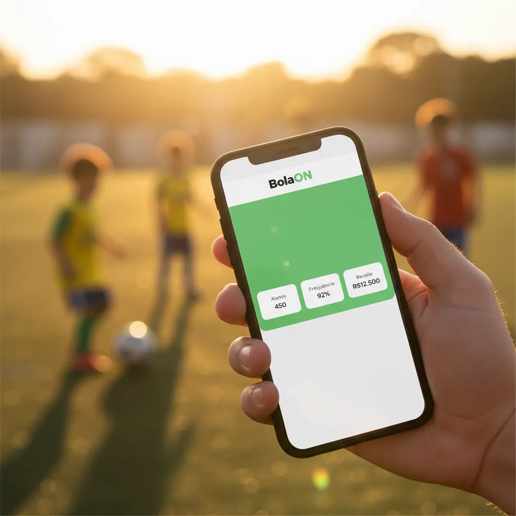 Dashboard BolaON no celular com campo de futebol ao fundo